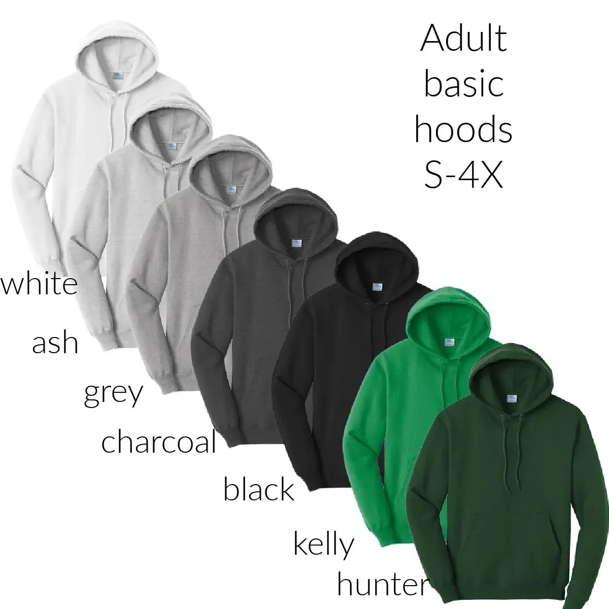 A group of different colored hoods with the names of each color.