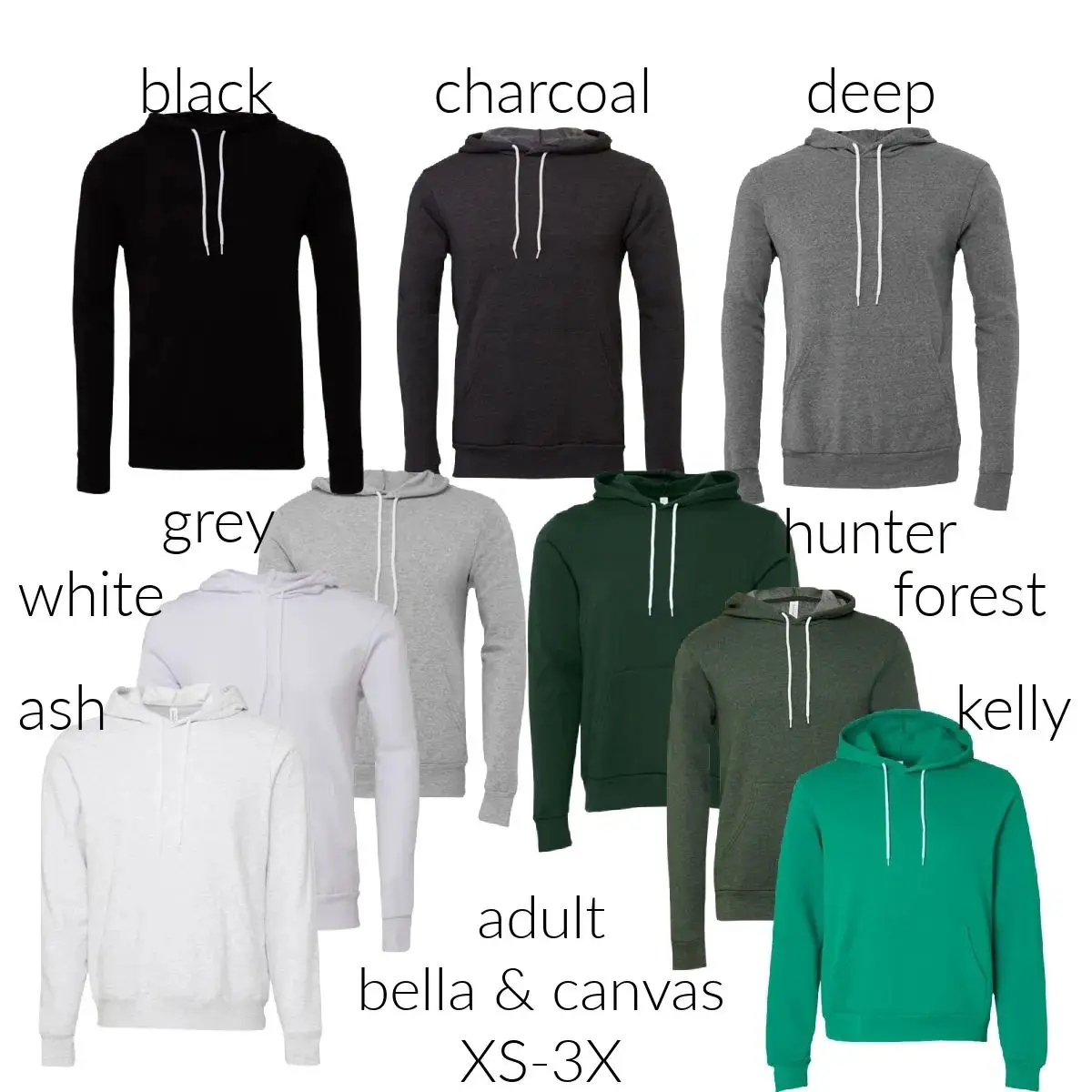 A bunch of different colored hoodies with names on them