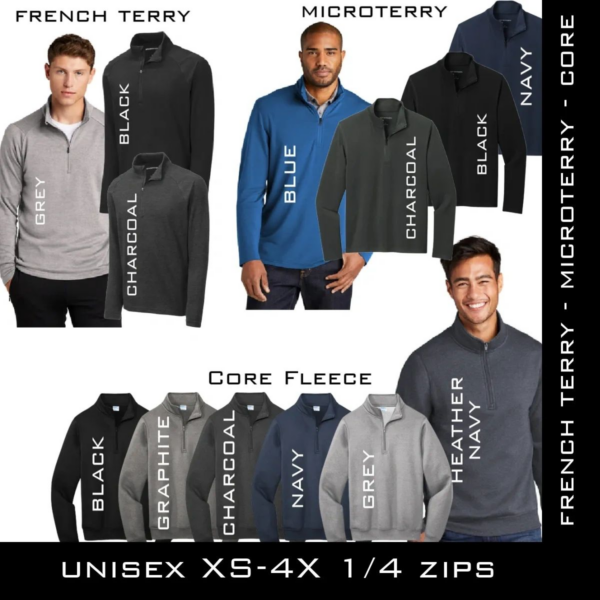 A group of men wearing different colors and sizes.
