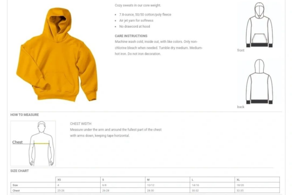 A yellow hoodie with measurements on it.