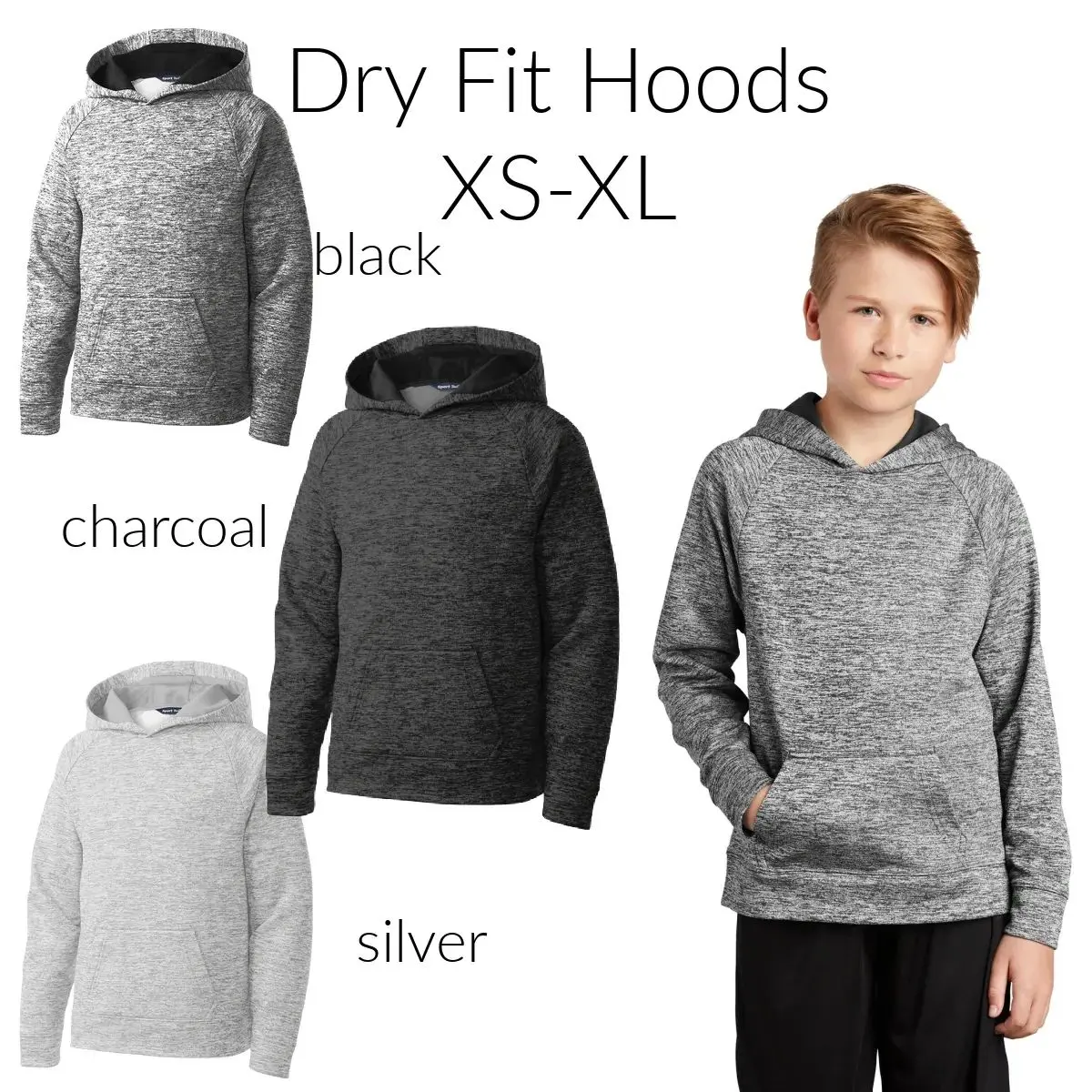 A boy wearing a black, charcoal and silver hoodie.