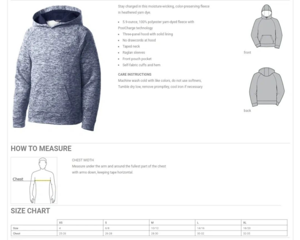 A white and black hoodie with measurements on it