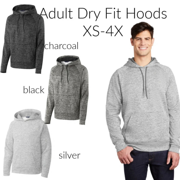A man wearing a gray hoodie with four different colors of the same color.