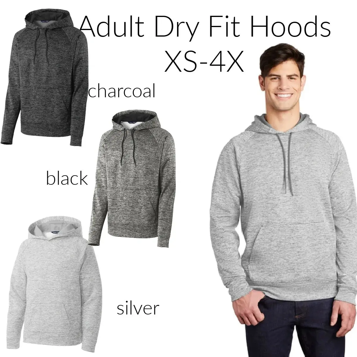 A man wearing a gray hoodie with four different colors of the same color.