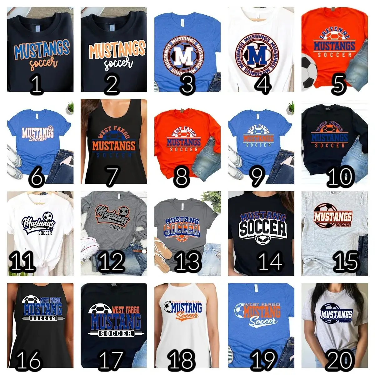 A number of different shirts with numbers on them
