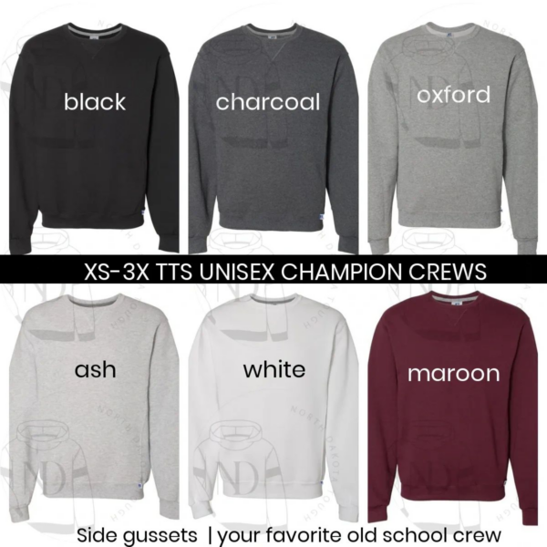 A black, charcoal and maroon sweatshirt with the words " xs-3 x tts unisex champion crews ".