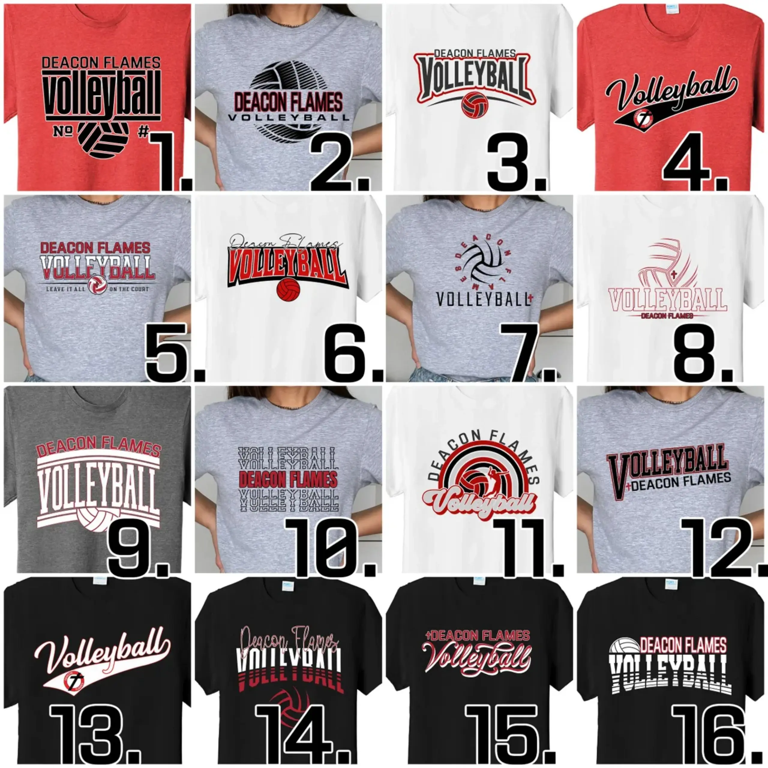 A bunch of different volleyball shirts are shown.