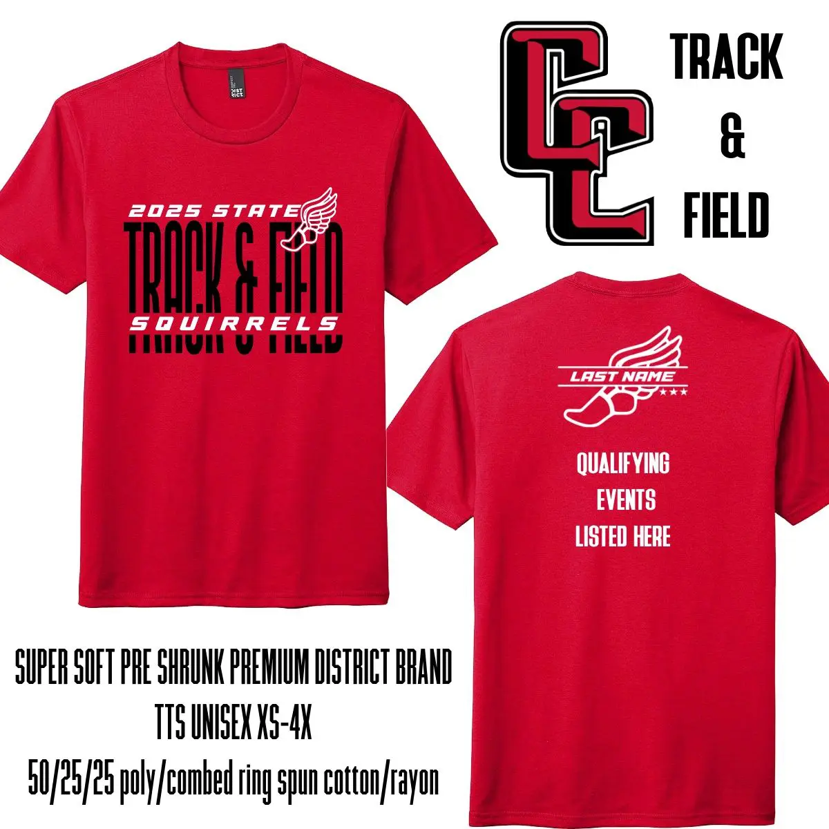 A red shirt with the words " track & field " on it.