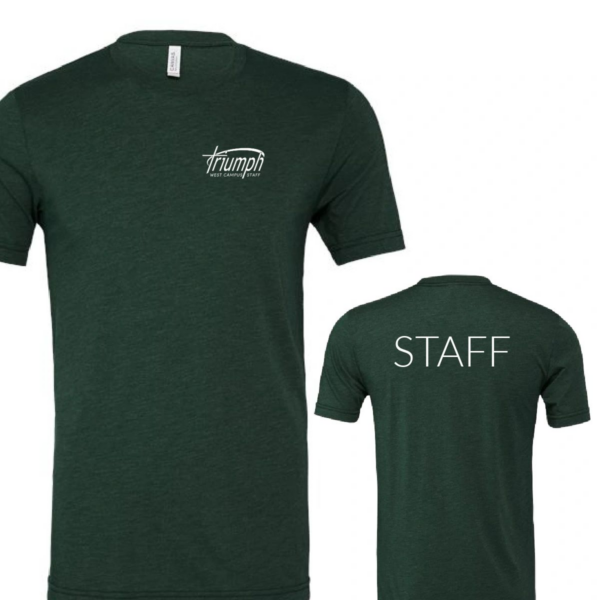 A green shirt with the word staff written on it.