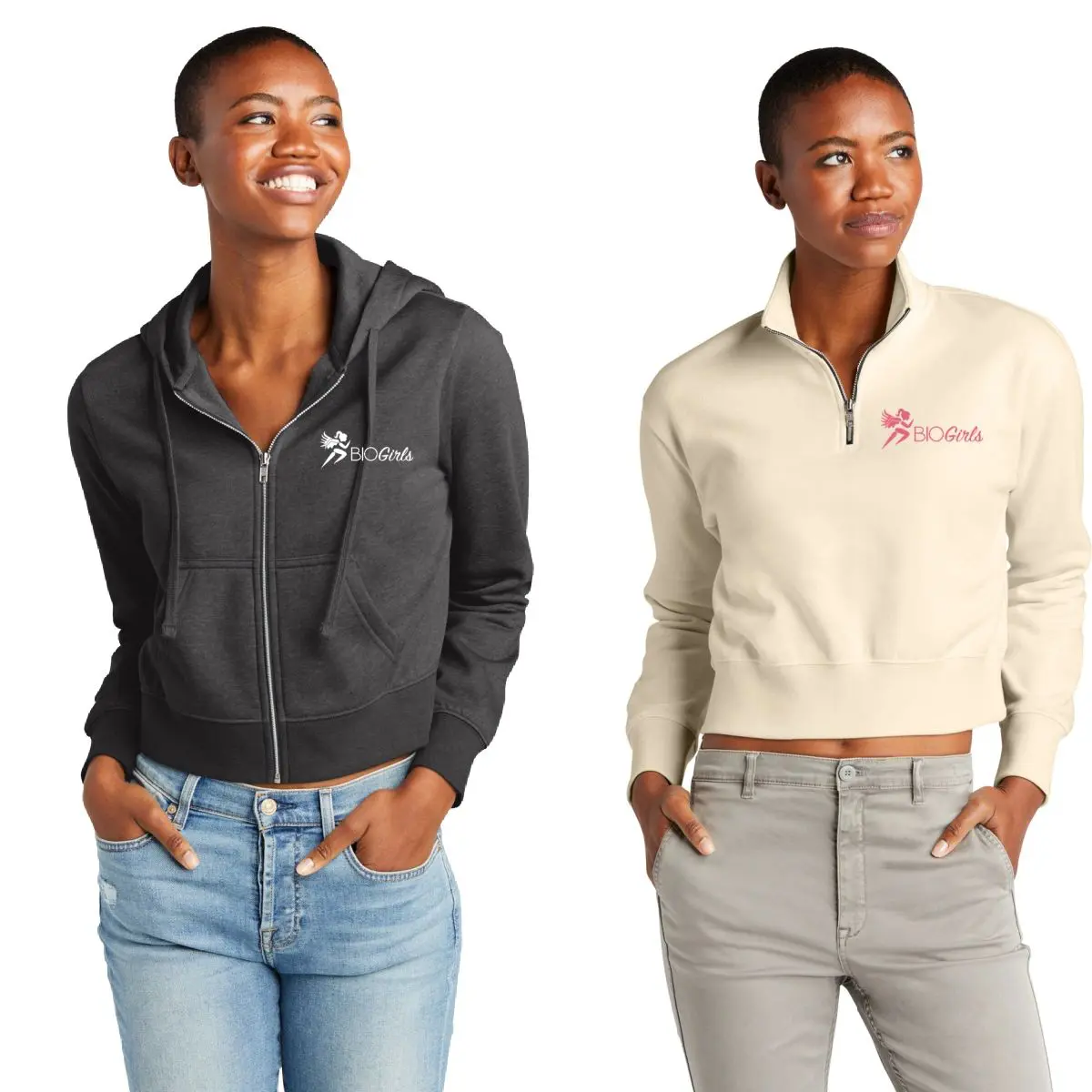 Two women wearing jackets and jeans are smiling.
