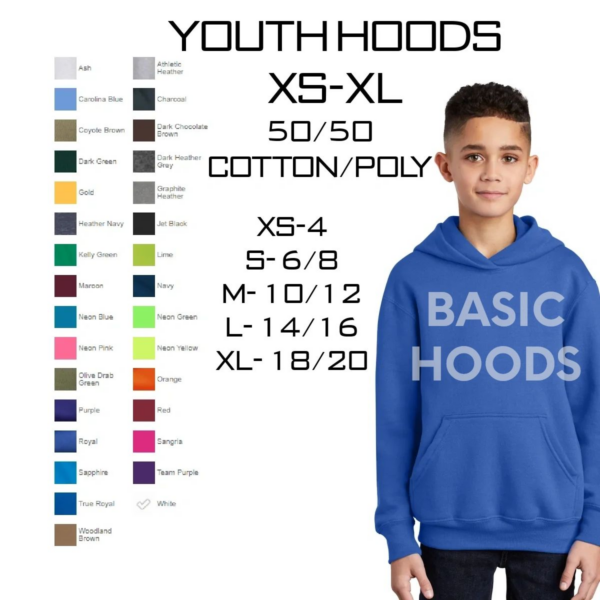 A young boy wearing a blue hoodie with many different colors.