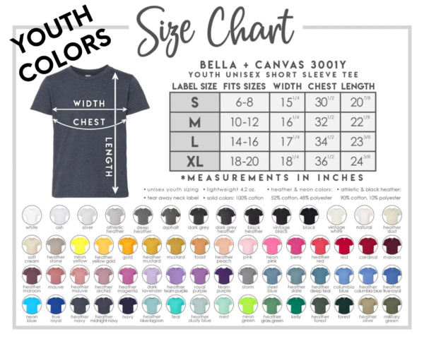 A youth size chart showing the sizes of each shirt.
