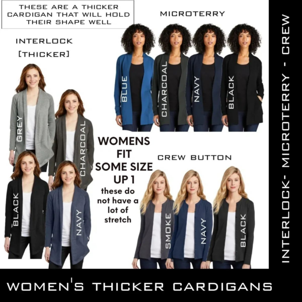 A picture of different women 's cardigans with their names.