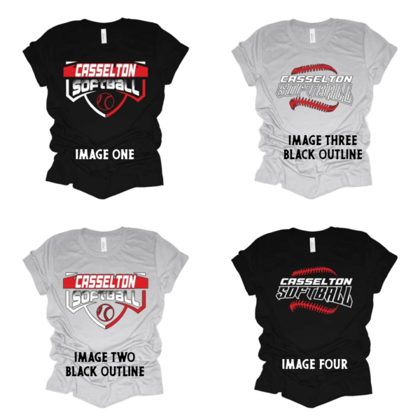 A group of four different shirts with the image one, three and four.