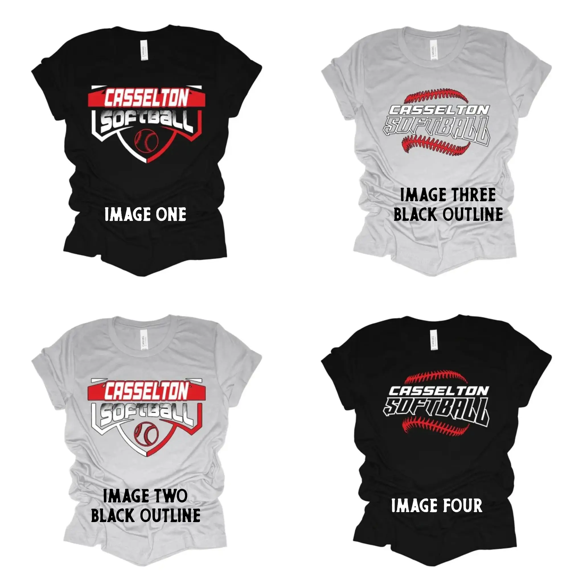 A group of four different shirts with the image one, three and four.