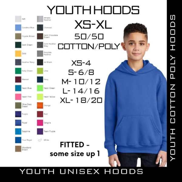 A boy wearing a blue hoodie with many different colors of the same color.