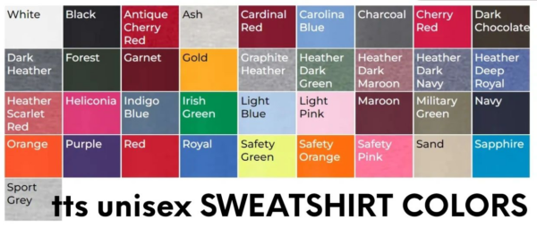 A color chart of the sex sweatshirt colors.
