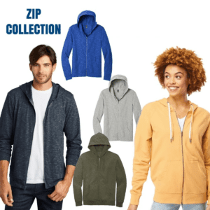 A group of people wearing different colored zip jackets.