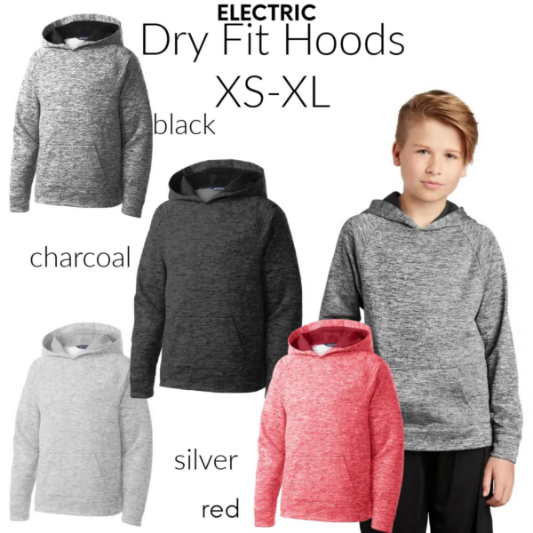 A young boy wearing different colors of hoodies.