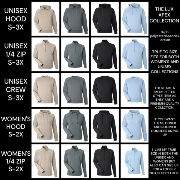 A chart of different types of shirts and their sizes.