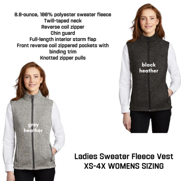 A woman wearing two different colors of vests.