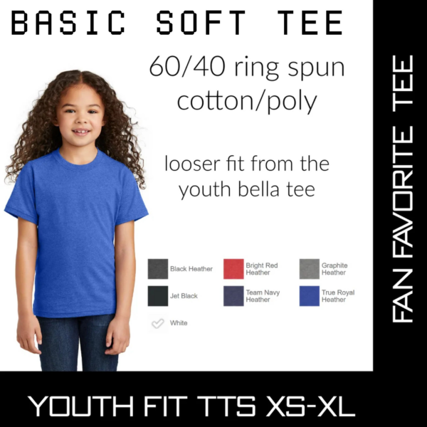 A young girl wearing a basic tee shirt.