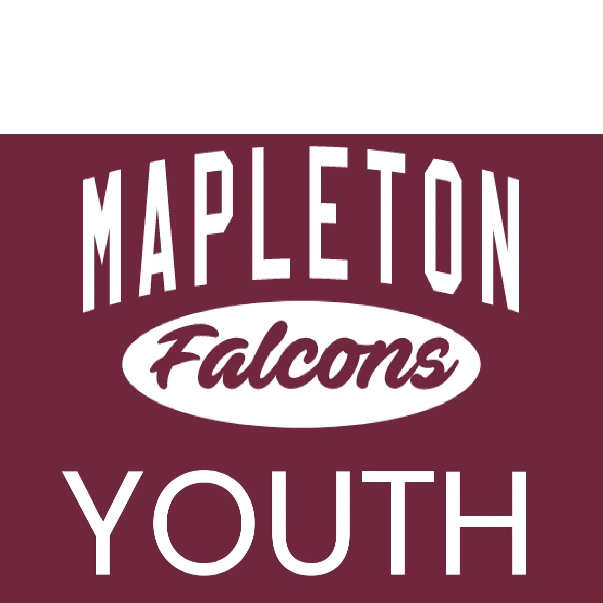 A maroon and white logo for the mapleton falcons youth football team.
