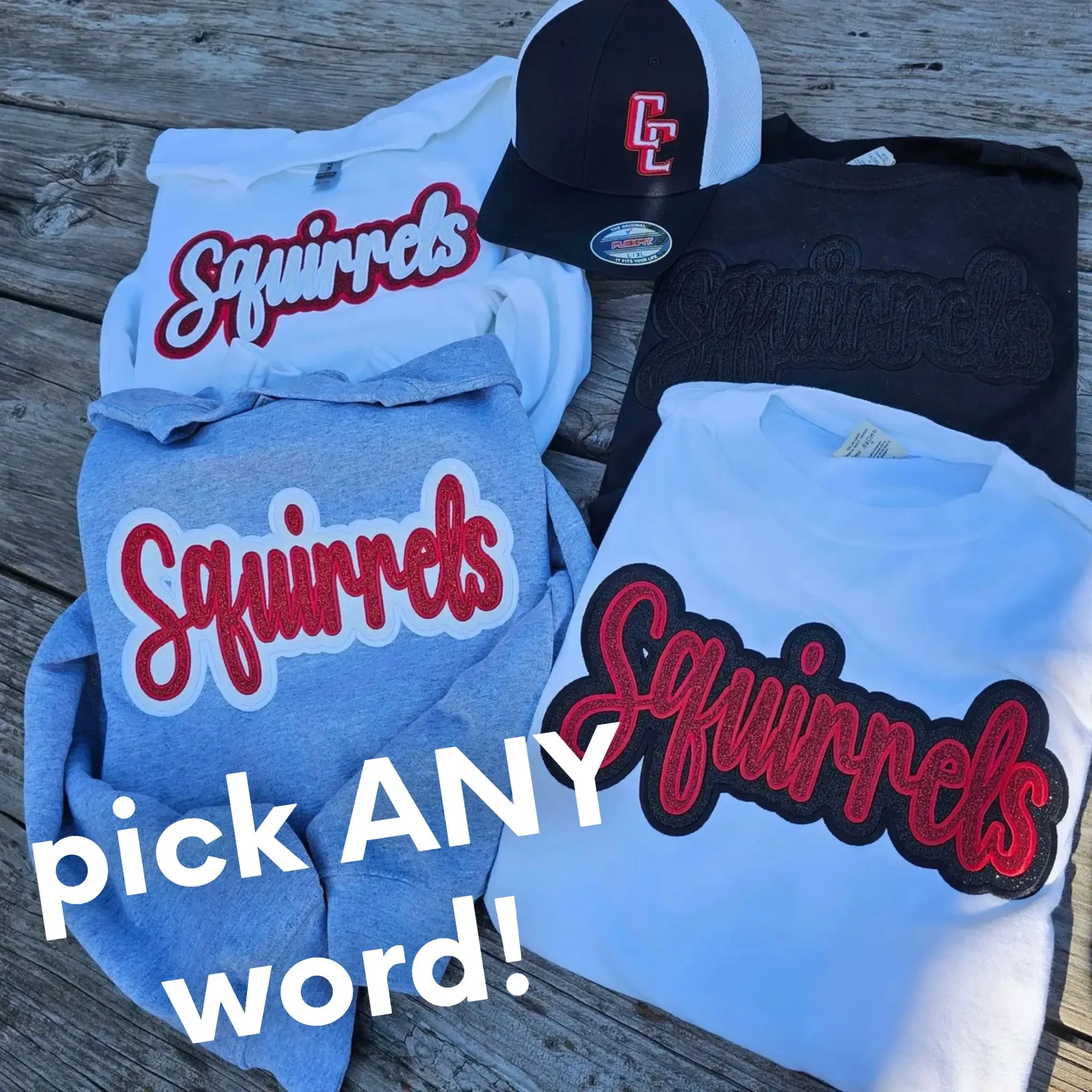 A group of squirrels shirts and hats on the ground.