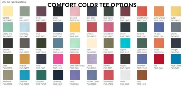 A color chart of the different colors in comfort color.