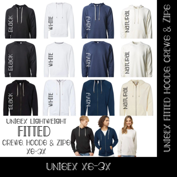 A bunch of different colored hoodies and zips
