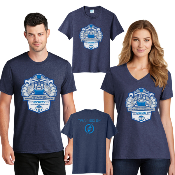 A family wearing matching shirts and t-shirts.