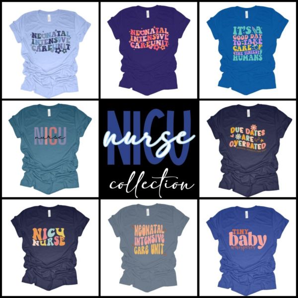 A collection of nursing shirts with different designs.