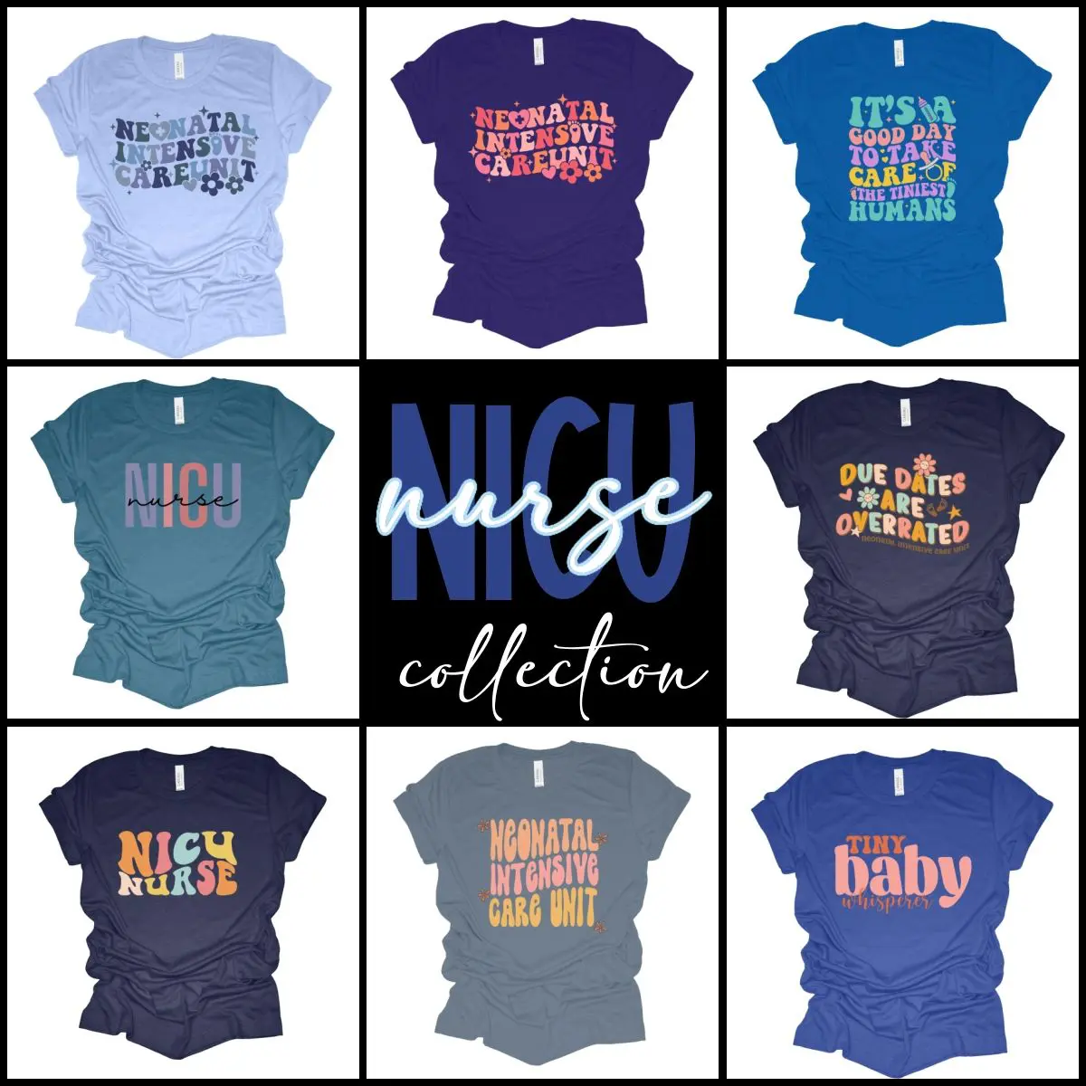 A collection of nursing shirts with different designs.