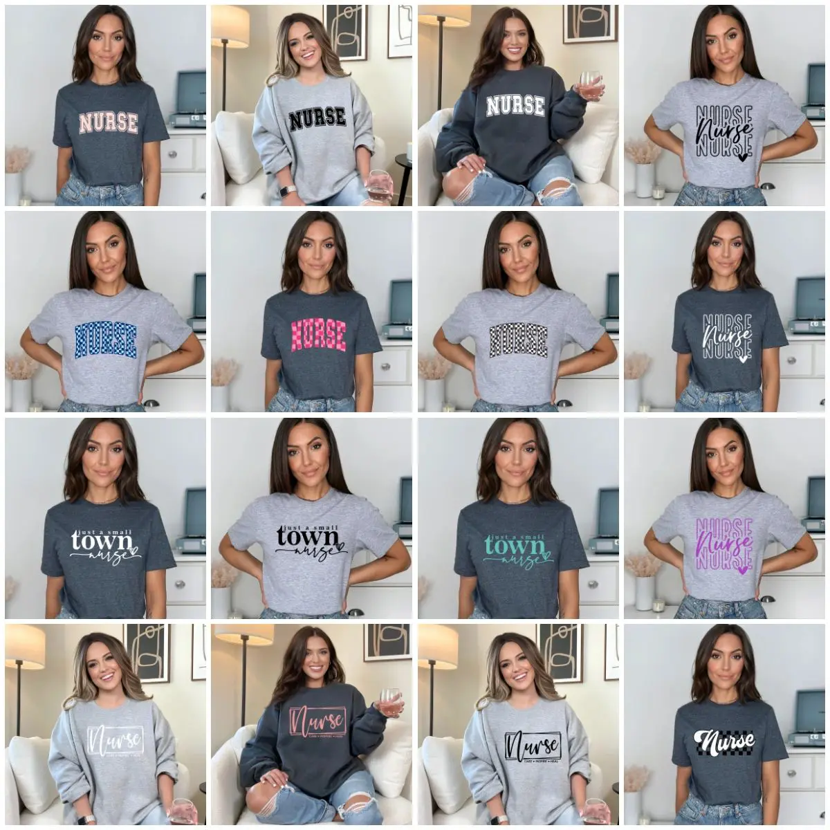A collage of women wearing different shirts and tops.