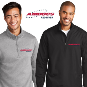 Two men wearing black and grey shirts with red river logos.