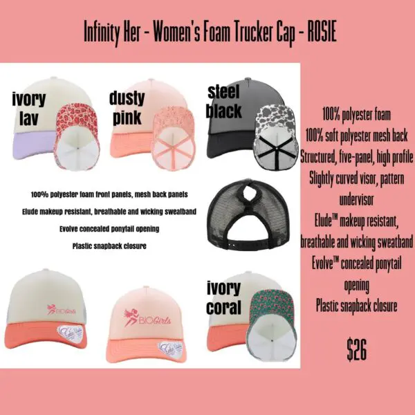 A variety of hats are shown with the words " women 's foam trucker cap-rose ".
