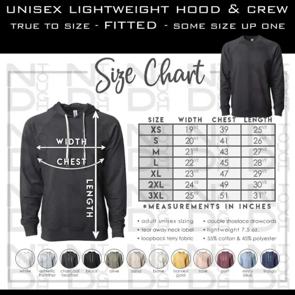 A chart of the different sizes and colors of hoodies.