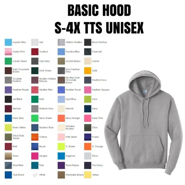 A color chart of different colors on the front of a hoodie.