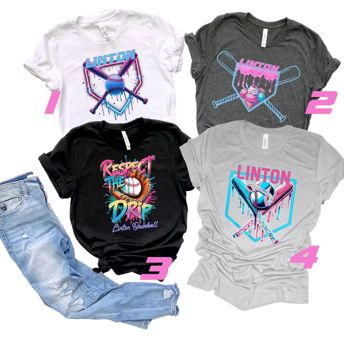 A group of four shirts that are all different colors.