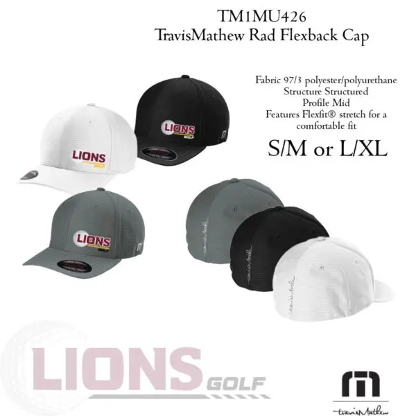 A group of different colored hats with the words " tm ( mi ) 4 2 6 travismathew rad fireback cap ".