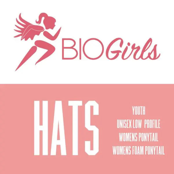 A pink and white logo with the words " biogirls hats ".