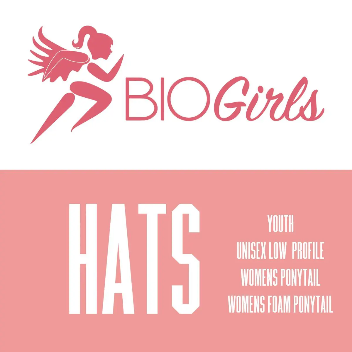A pink and white logo with the words " biogirls hats ".