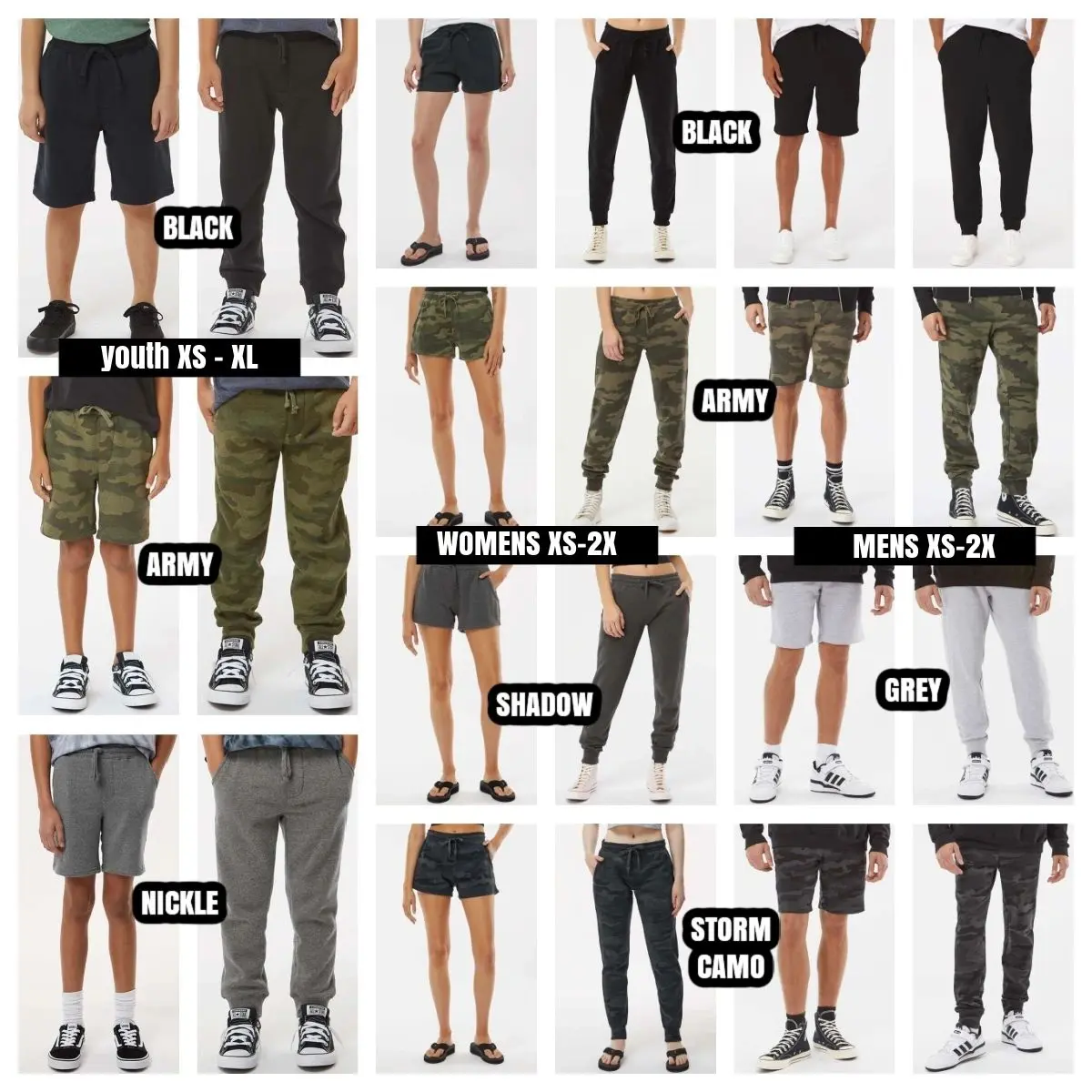 A bunch of different types of pants and shorts