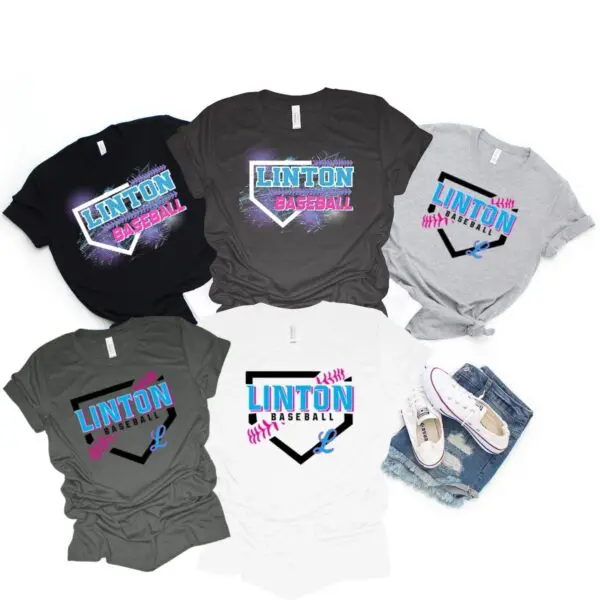 A group of different colored shirts with the name linton baseball on them.