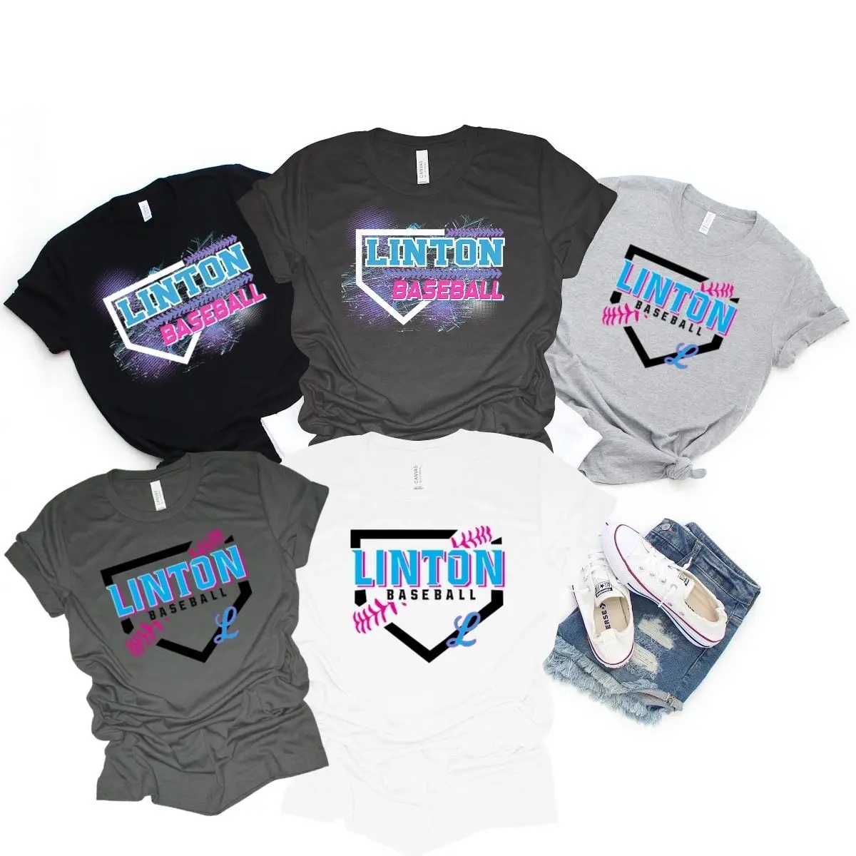 A group of different colored shirts with the name linton baseball on them.