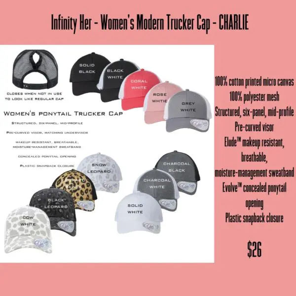 A variety of hats are shown with the words " infinity rer-women 's modern trucker cap " and " charlie ".