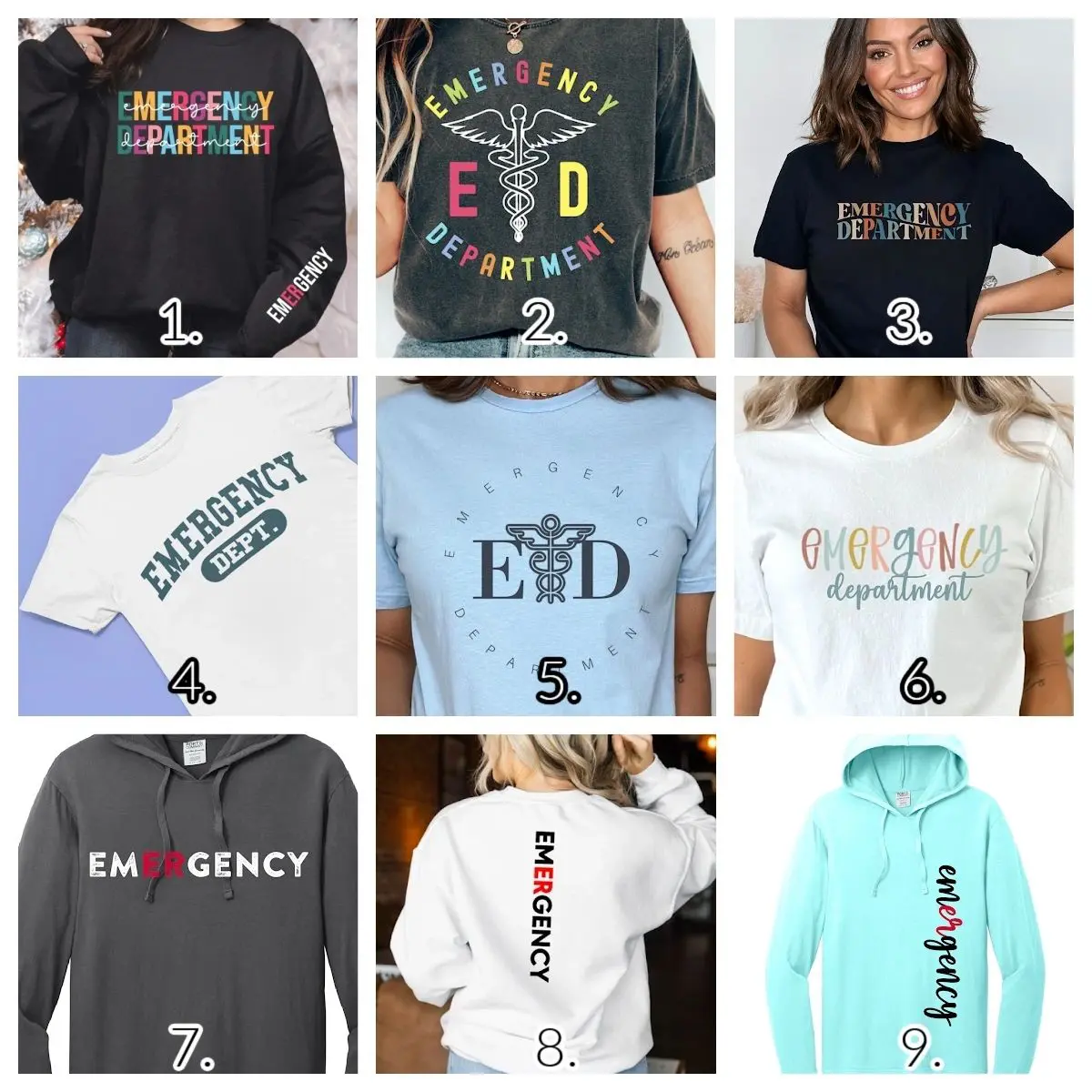 A bunch of different types of shirts with the number seven on them