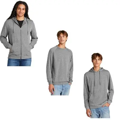 Three different views of a man wearing grey hoodie.