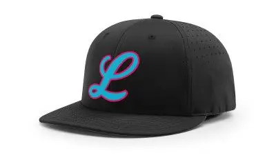 A black hat with the letter l on it.
