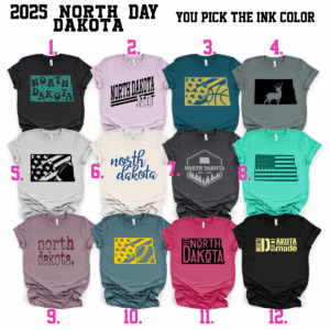 Twelve North Dakota themed t-shirts displayed.